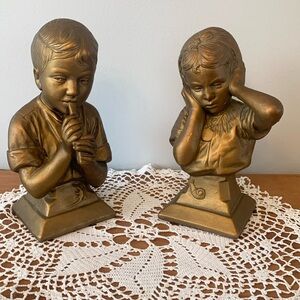 Vintage ESCO chalk ware & gold painted signed E. Vilianis.  Boy & girl bookends.